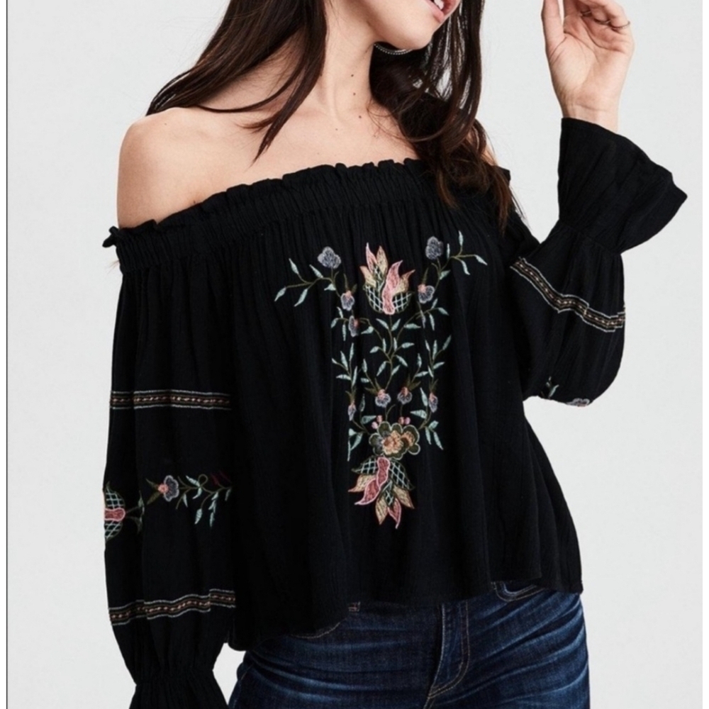 American Eagle Outfitters Embroidered Off Shoulder Top
